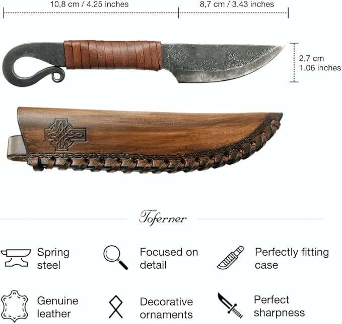 Toferner Hand Forged Knife Volute with Sheath, Vintage Knife for Antique Collection, Genuine Leather Case, Hardened Blade, Hand Made Craft, Gift Idea for Men (Brown)