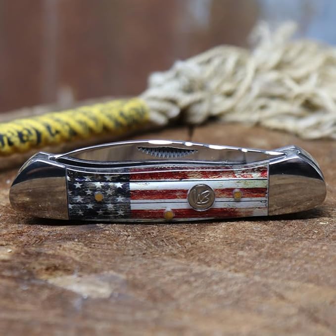 WHISKEY BENT HAT CO. Traditional Canoe Folding Pocket Knife w/Filework 3.63" Closed Length 440C Stainless Steel Blades (Patriot)