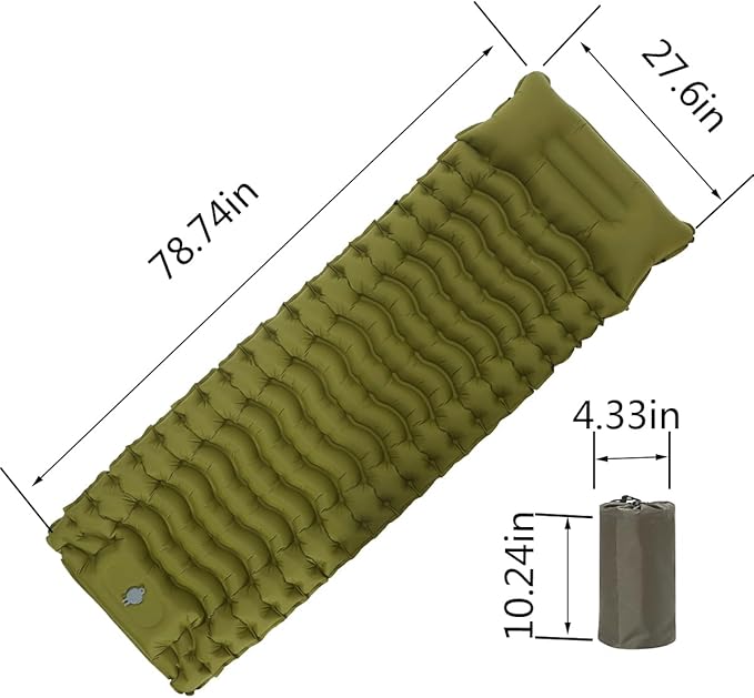 Camping Sleeping Pad, Ultralight Inflatable Sleeping Mat with Pillow, Compact Waterproof Camping Air Mattress, 77in x 27in x 3.54in Sleeping Mat for Traveling/Hiking (Green)