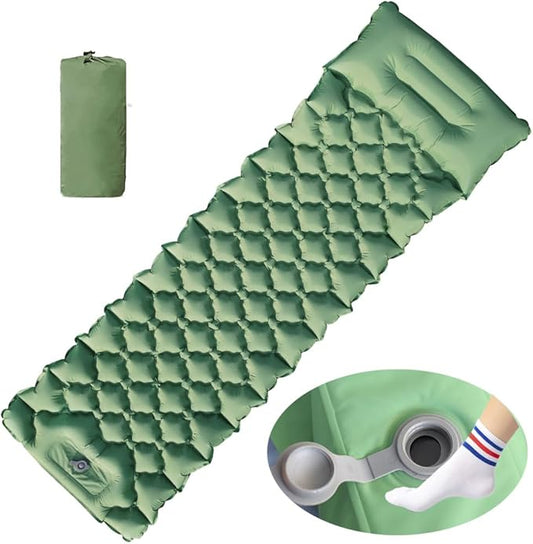 Sleeping Pad for Camping, Inflatable Sleeping Mat with Pillow, Camping Pad with Built-in Foot Pump, Lightweight Camping Mattress Pad for Car Camping, Backpacking, Tent and Hiking (Single (Green))