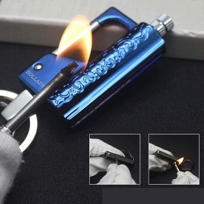 BOLLAER Outdoor Emergency Fire Starter Flint Match Lighter Keychain, Flint Metal Matchstick Fire Starter with Keychain for Camping Hiking Best Gift (Blue)