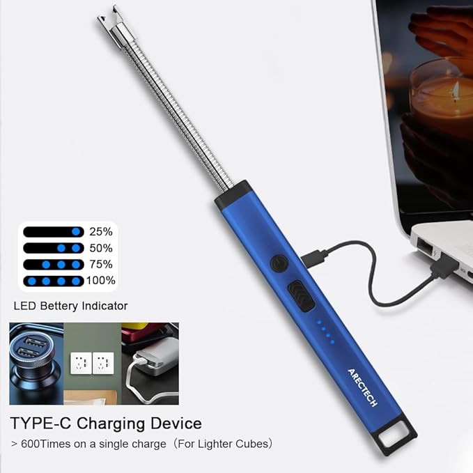 ARECTECH Lighter Candle Lighter Electric Lighter Rechargeable USB Arc Lighters for Candle Camping Fireworks Christmas Birthday Gifts with LED Light for Men Women Blue