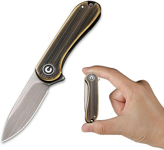CIVIVI Mini Elementum Flipper Pocket Knife, Small folding Knife with 1.83" 14C28N Blade, Brass and Stainless Steel Handle C18062Q-1