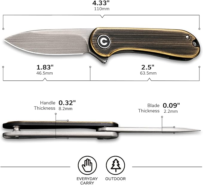 CIVIVI Mini Elementum Flipper Pocket Knife, Small folding Knife with 1.83" 14C28N Blade, Brass and Stainless Steel Handle C18062Q-1