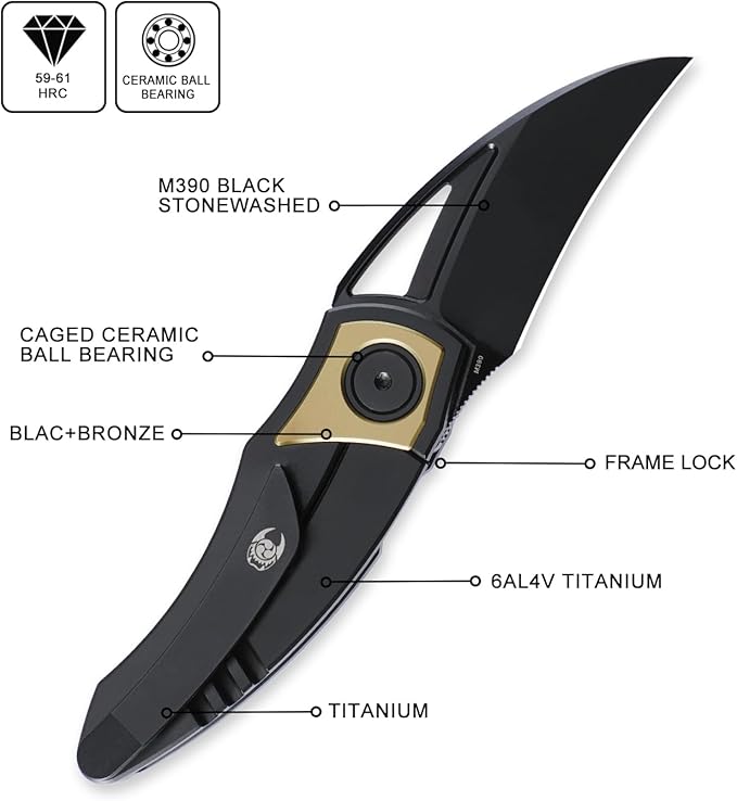 Knife Karasu Pocket Folding Knife,2.12" M390 Steel Blade Stonewashed Titanium Handle Front Flipper Knife,Small EDC Knife with Pocket Clip (Black Gold)