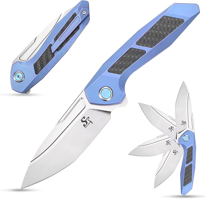 Sitivien ST996 Folding Knife,Handmade M390 Pearlescent Polishing Blade,Titanium & Carbon Fiber Handle Pocket Knife for Outdoor Camping,Hiking,Hunting(Blue)
