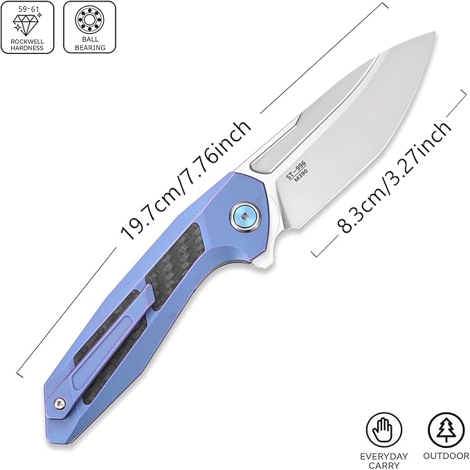 Sitivien ST996 Folding Knife,Handmade M390 Pearlescent Polishing Blade,Titanium & Carbon Fiber Handle Pocket Knife for Outdoor Camping,Hiking,Hunting(Blue)