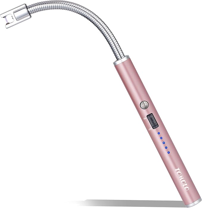 Lighter, Rechargeable Candle Lighter Grill Lighter Electric Arc Lighter with Flexible Neck, LED Battery Display Safety Switch for Candle Camping Cooking BBQs Fireworks (Pink)