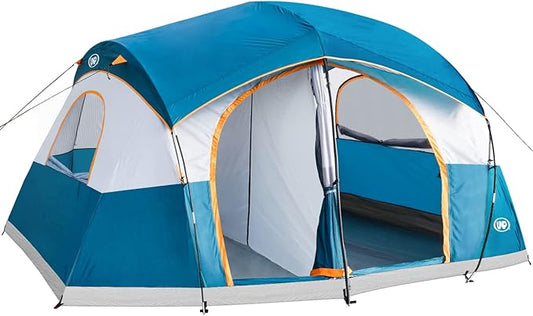 UNP Camping Tent 8/9 Person, Family Camping Tent, 5 Large Ventilation Mesh Windows, 14'x14'x78 inches Tall with Dividers Curtain for 2 Room