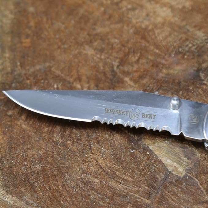 WHISKEY BENT HAT CO. Locking Trapper Folding Pocket Knife 4.125" Closed Length 440C Stainless Steel Blades (Carved Burnt Bone - Serrated)