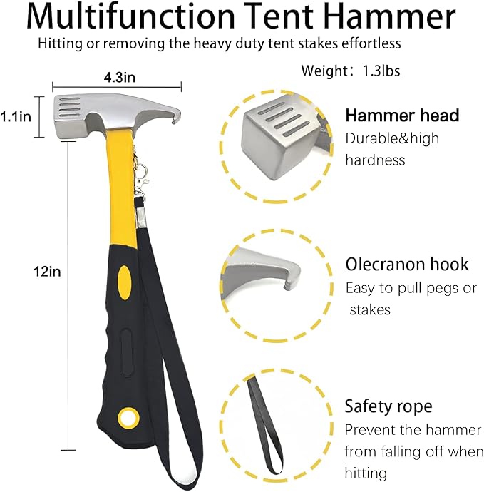 12 Pack Tent Stake with Hammer, 16in Heavy Duty Tent Stakes + 10in Camping Hammer+Storage Pouch, Forged Steel Tent Stakes for Camping Used on Rocks(12 Pack 16in Tent Stakes+Hammer