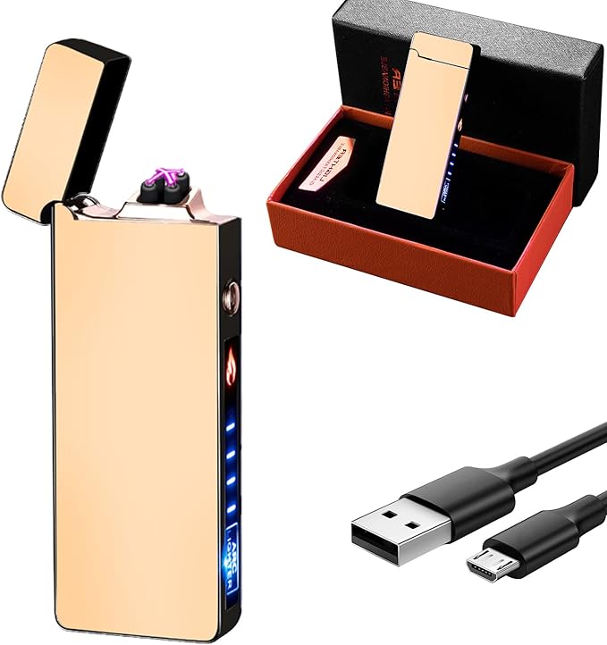 GADATOP Arc Lighter Rechargeable Windproof Flameless Electric Lighters for Outdoors Camping Hiking, Plasma Lighter with LED Battery Indicator and Gift Box (Gold)