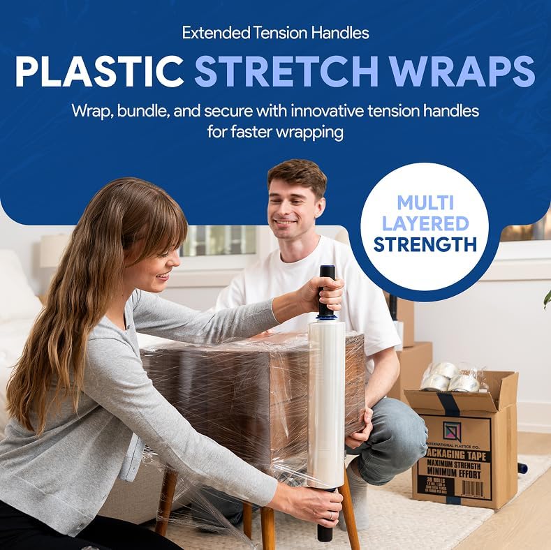 International Plastics Co. 15" Plastic Stretch Film Wrap with Extended Handles 1200ft Each 500% Stretch Clear Cling Durable Adhering Packing Moving Packaging Heavy Duty Shrink