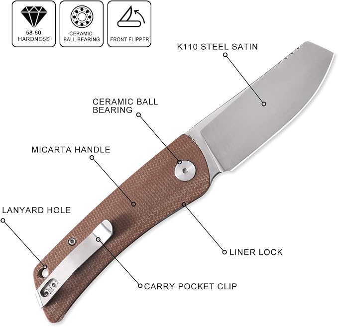 Petrified fish PFE05 Flavorist,3.15" K110 Satin Blade, 94g Micarta Handle Front Flipper Liner lock Folding knife (Brown)
