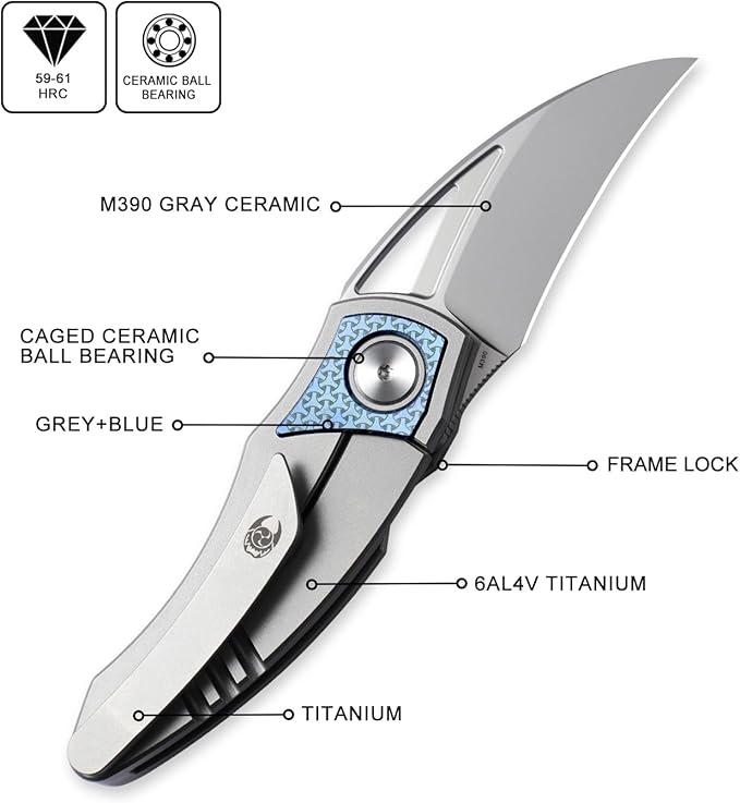 Knife Karasu Pocket Folding Knife,2.12" Grey Ceramic M390 Steel Blade Titanium Handle Front Flipper Knife,Small EDC Knife with Pocket Clip (Grayish Blue)
