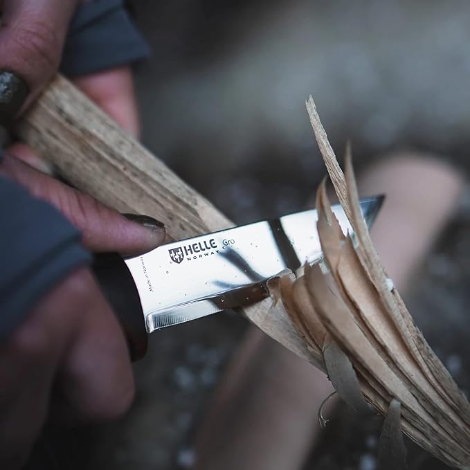 HELLE Knives - Gro- Fixed Blade Knife - Birch Wood Handle - Stick Tang- Camping, Hunting - 12C27 Stainless Steel - Leather Sheath - Made in Norway