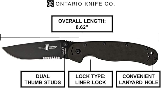 Ontario Knife Co. 8847 Rat-1 Black Coated AUS-8 Stainless Steel 3.6 in Serrated Edge Blade Nylon Handle 4-Position Reversible Clip Folding Knife for Outdoor, Tactical, Survival & EDC (Black)