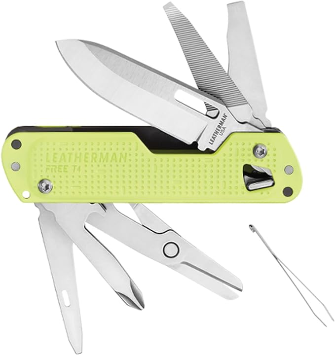 LEATHERMAN, FREE T4 Multitool and EDC Knife with Magnetic Locking and One Hand Accessible, Made in the USA, Stainless, Lunar