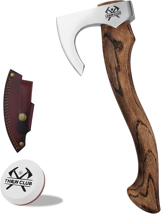 Camping Hatchet, Hatchet Axe with Leather Sheath, 15'' Bushcraft Axe with 1065 Forged Carbon Steel and Beech Handle
