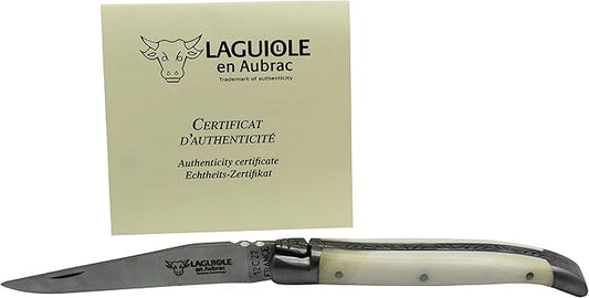Laguiole en Aubrac Handmade Luxury Folding Pocket Knife, 3.5-in (9cm). Zebu Bone Handle, Hand Forged Bee, Stainless Steel Matte Bolsters