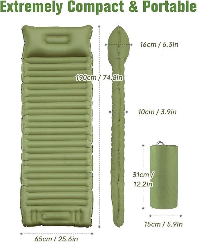 Sleeping Pad for Camping 4in Thick, Camping Air Mattress Pad Built-in Pump, Ultralight Camping Sleeping Pad Mat with Pillow, Inflatable Sleeping Pad Backpacking, Holds 440lbs, 40D+60D Nylon