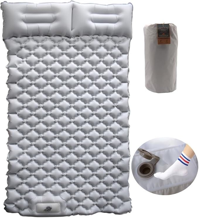 Sleeping Pad for Camping, Inflatable Sleeping Mat with Pillow, Camping Pad with Built-in Foot Pump, Lightweight Camping Mattress Pad for Car Camping, Backpacking, Tent and Hiking (Full (Grey))