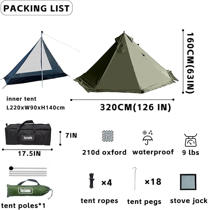 Camping Hot Tent with Wood Stove Jack Winter Teepee Tent 4 Season Backpacking Tent for Survival Hunting Military Fishing
