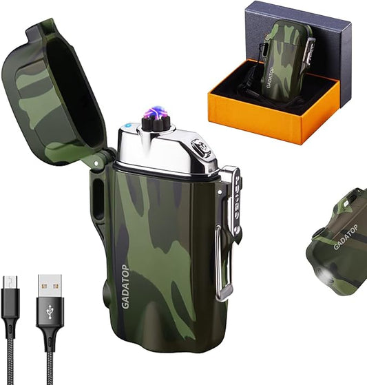 GADATOP Electric Lighter, Outdoor Waterproof Double arc Lighter Windproof Lighter, Rechargeable USB Lighter flameless Plasma Lighter with LED Torch with Lanyard (Camouflage)