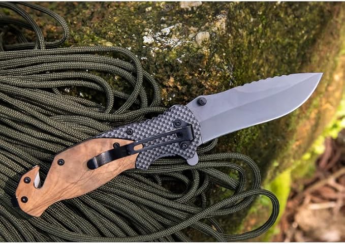 BST – Pack of 1 Small EDC Pocket Folding Knife - Titanium Coating Knife Blade, 440C Stainless Steel Knife with Plain Wood Handle