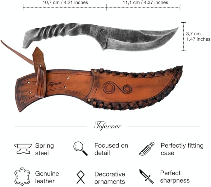 Toferner Hand Forged Knife Wolf Claw with Sheath, Vintage Knife for Antique Collection, Genuine Leather Case, Hardened Blade, Hand Made Craft, Gift Idea for Men