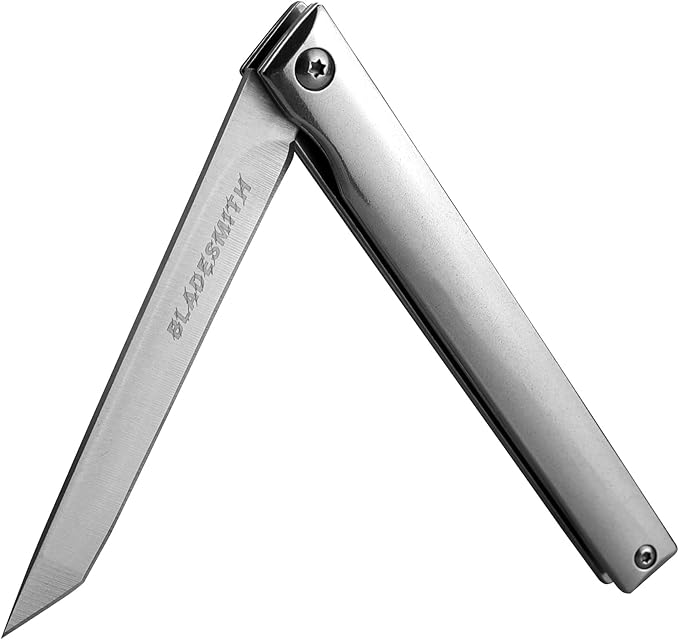BLADESMITH Pocket Folding Knife, Gentlemen`s Slim EDC Knife, 3.5" 5Cr15Mov Steel Blade, Fully Silver Ti-coated Stainless Steel handle, with Leather Sheath