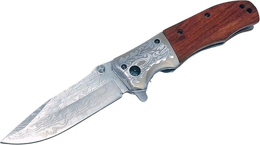 Amz Pocket Knife | 8.7 cm Stainless Steel Blade | Wood Handle | Damascus Design | Outdoor, Tactical Folding Knife