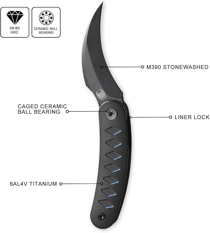 Knife Kage-C03 Front Flipper Knife,2.52" M390 Stonewashed Blade Pocket Knife,3.39" 6AL4V Titanium Handle,Ceramic Ball Bearing with Liner Lock,Outdoor Folding Knife (Blue)