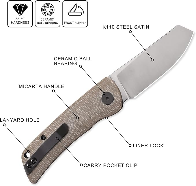 Petrified fish PFE05 Flavorist,3.15" K110 Satin Blade, 94g Micarta Handle Front Flipper Liner lock Folding knife (Khaki)