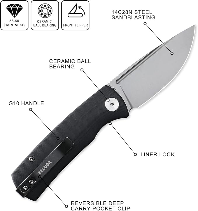 Petrified fish PFP01X Beluga,2.99" 14C28N Sand blasting Blade,95.6g G10 Hande Front Flipper Liner lock Folding knife (Sand blasting, Black G10)