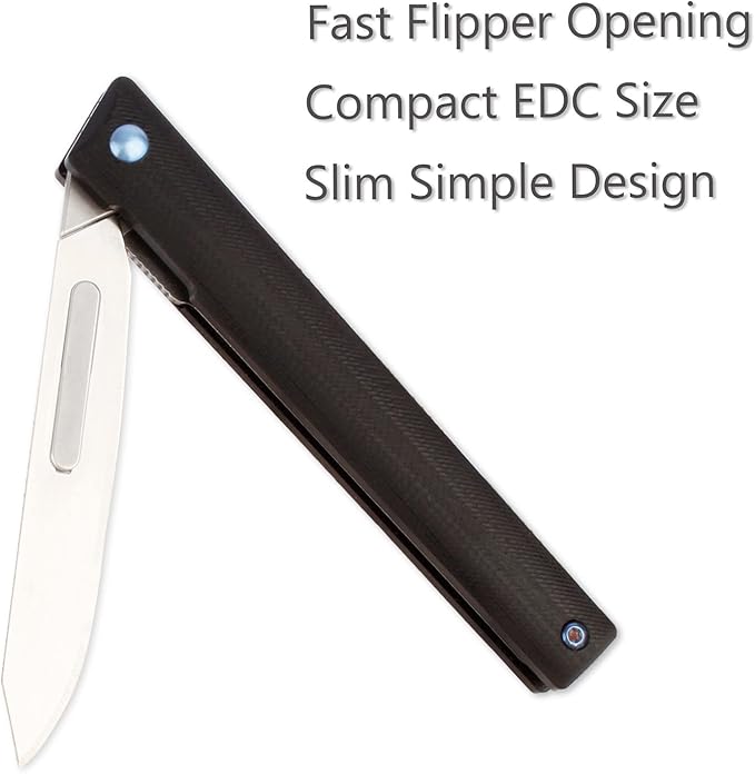 G37 Small Pocket Scalpel Knife, 10pcs #60 Replaceable Blades, Compact Slim Gentleman's Flipper Folding Scalpel EDC Utility Knives with Blue Titanium Pocket Clip (Black)