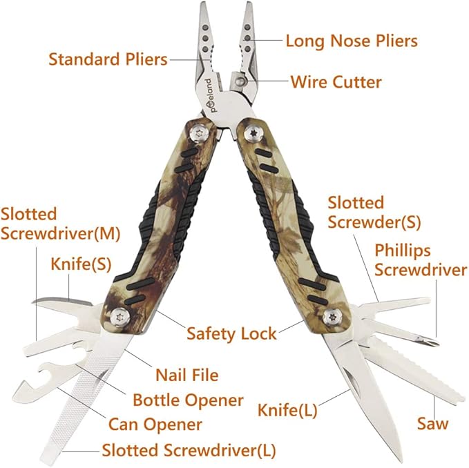 Poeland Multitool Pliers, 14 in 1 Multi tool with Safety Locking, Portable Pocket Knife for Outdoors, Survival, Camping, Fishing, Hunting, Hiking