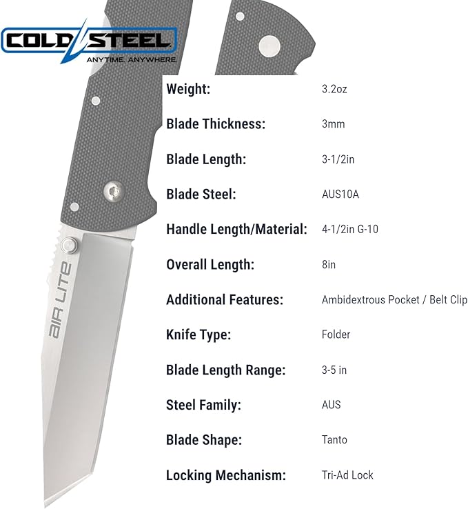 COLD STEEL Air Lite 3.5" AUS10A Tanto Point Blade 4.5" G-10 Handle Everyday Carry Compact Pocket Folding Knife w/Tri-Ad Lock