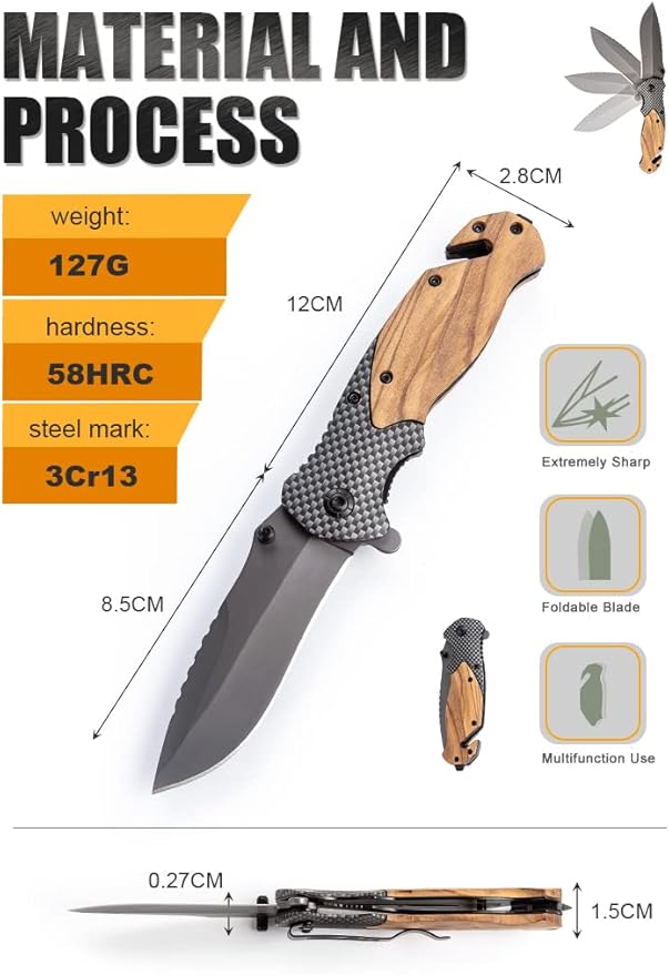 BST – Pack of 1 Small EDC Pocket Folding Knife - Titanium Coating Knife Blade, 440C Stainless Steel Knife with Plain Wood Handle
