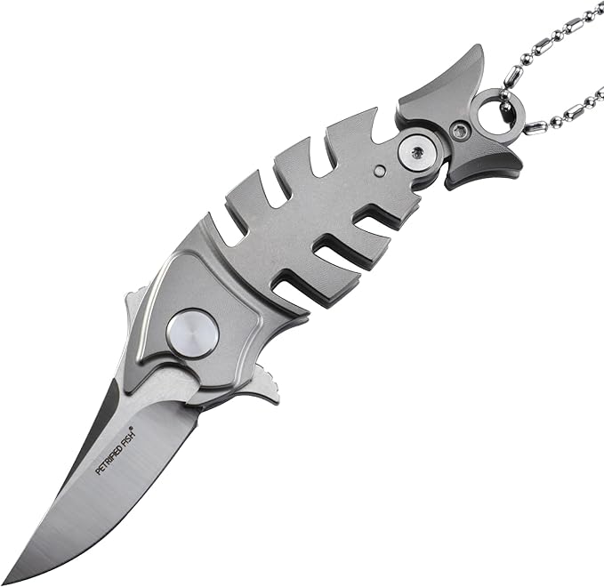 Petrified fish PF900 Pocket Knife,1.54" M390 Satin Blade,1.22 oz Titanium Handle Folding knife for EDC (Silver)