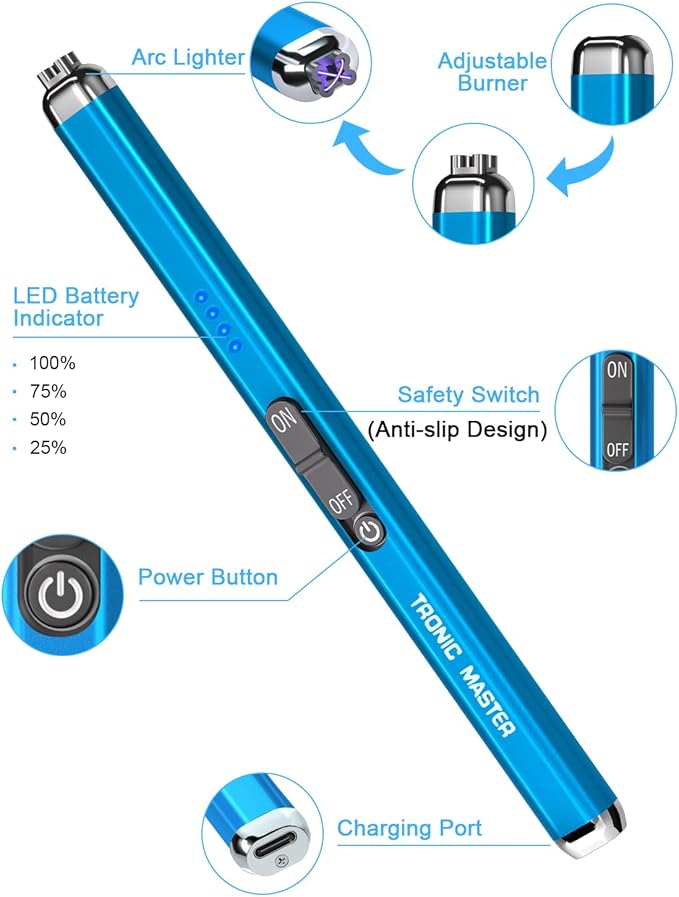 Electric Candle Lighter Rechargeable Lighters - Dual Arc Plasma Lighter Windproof & Flameless with Double Safety Switch (Sapphire Blue)