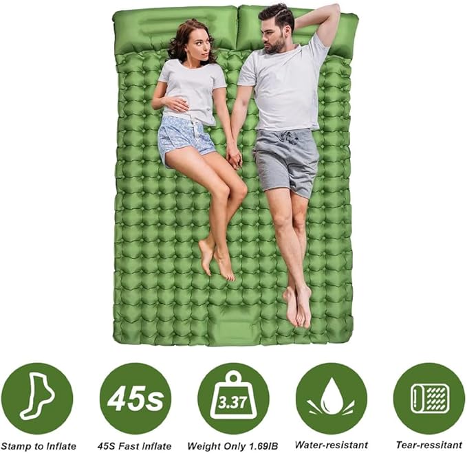 Double Sleeping Pad, Self-Inflating Sleeping Pad for Camping, Camping Sleeping Pad with Built-in Pump, 4" Extra Thickness Inflatable Sleeping Mat, Twin Air Mattress for Traveling (Green)