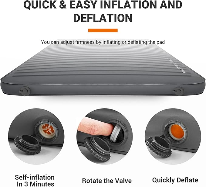 KingCamp Luxury 3D Double Self Inflating Sleeping Pad with 9.5 R Value, Camping Foam Air Mattress, Portable 3 Inch Large Thick for 2 Person, 79.1'' x 50.3'' x 3.0'', Black