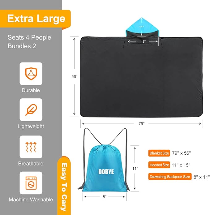 DOBYE Hooded Stadium Blanket, Large Waterproof Outdoor Fleece Blanket, Windproof Wearable Portable Warm Mat for Camping