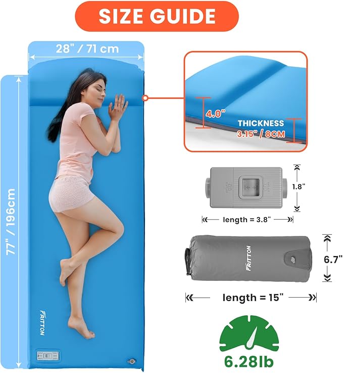 Self Inflating Sleeping Pad with Built-in Electric Pump, 3.15” Thick Memory Foam Camping Mattress, Fast Inflating Camping Sleeping Pad with Pillow, 4 Season Insulated Sleeping Pad for Camping, Tent