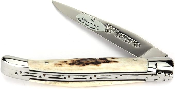 Laguiole en Aubrac Handmade Knife 11 cm L0211BCIFI Deer Horn Handle, Blade and bolsters Stainless Steel Shiny