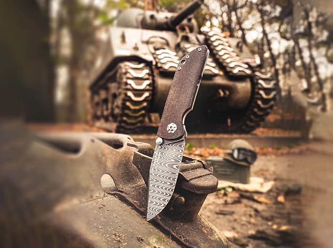 Böker Manukaftur Solingen M4 Sherman Damascus - Folding Collector's Pocket Knife Crafted from Recovered M4 Tank Materials, Made in Germany