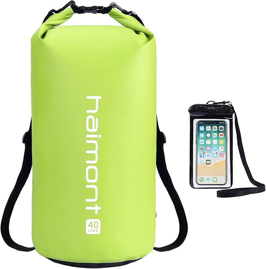 Haimont Waterproof Dry Bag Floating Dry Sack Roll Top Drybag Backpack for Kayaking, Rafting, Boating, SUP, Fishing with IPX8 Waterproof Phone Case, Love Bird Green, 40L