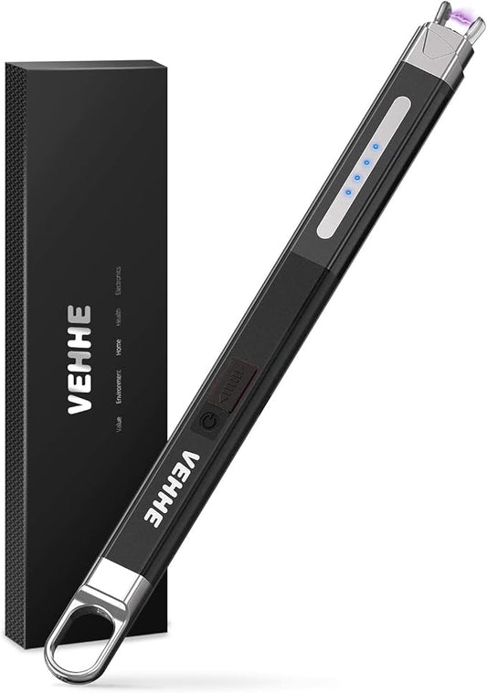 VEHHE Electric Lighter, Windproof & Flameless Candle Lighter Rechargeable USB, Arc Lighter with LED Display and Safe Button,Lighters for Candle BBQ Camping-Black