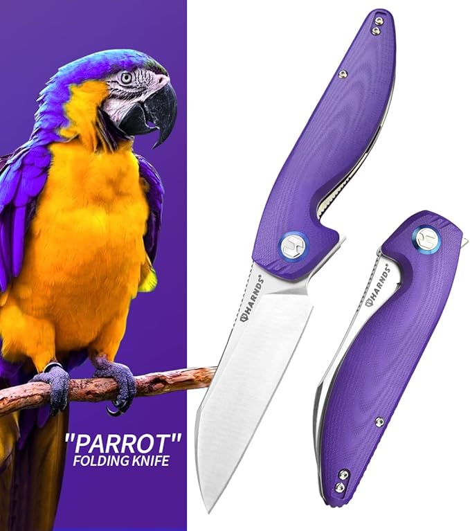 Parrot Folding Pocket Knife with Clip and Blade Lock, 8.4" EDC Folding Knife with Sweatproof G10 handle and 14C28N Stainless Blade (Purple)